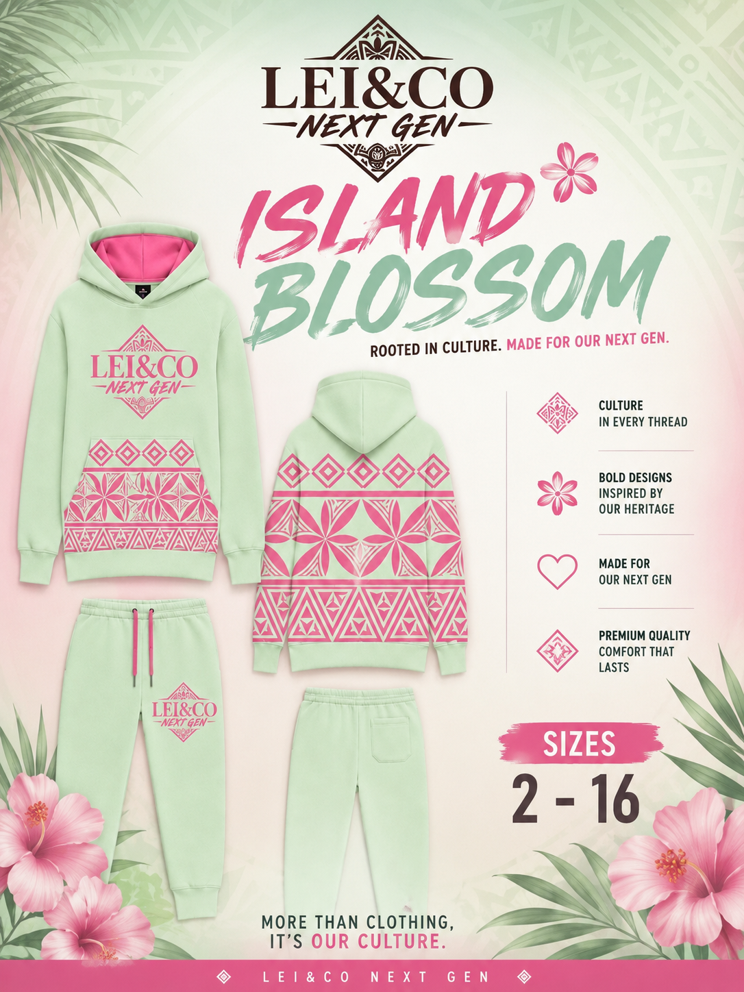 PRE-ORDER.                                             LEI&CO NEXT GEN 🔥 Kids Tracksuit 🔥                                        ISLAND BLOSSOM 🌸