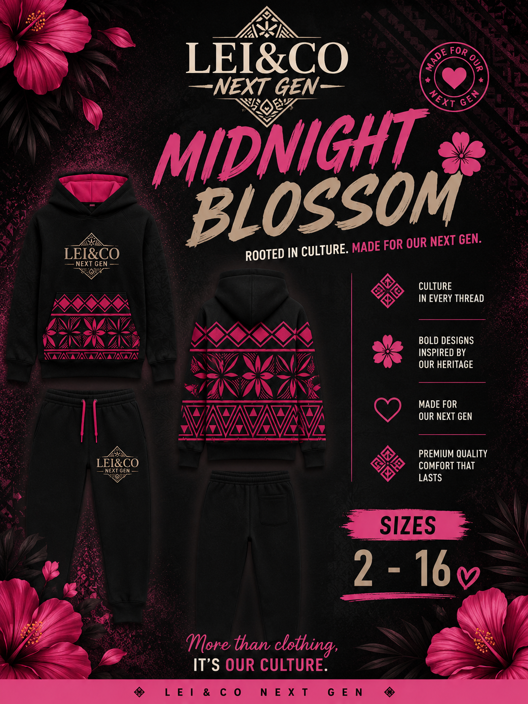 PRE-ORDER.                                             LEI&CO NEXT GEN 🔥 Kids Tracksuit 🔥 MIDNIGHT BLOSSOM 🌸